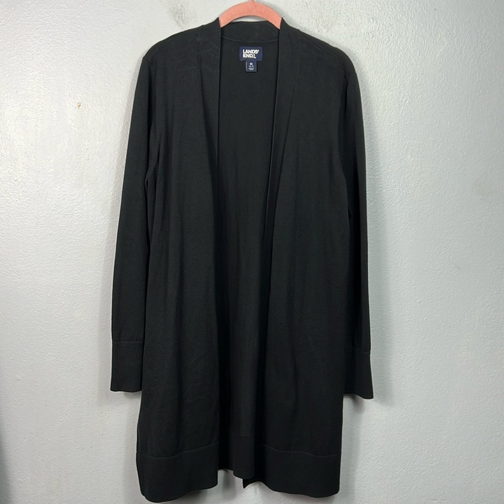 Lands’ End Black Open Front Long Cardigan Medium 10-12